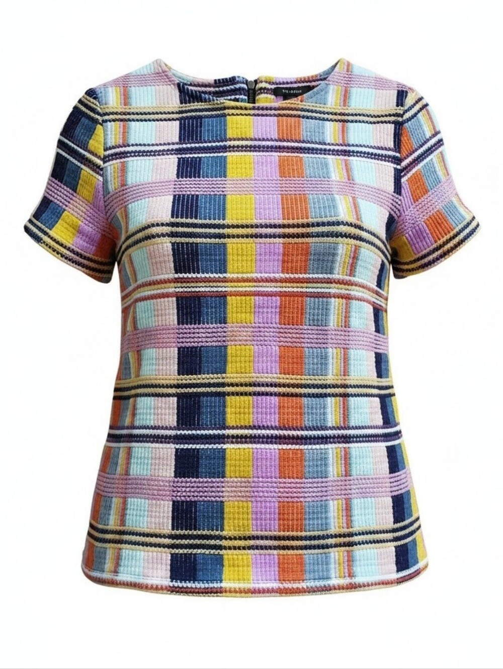 Halogen Multicolor Plaid Knit Short Sleeve Top Women's Size Medium